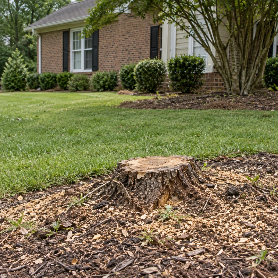 Low stump surrounded by natural wood chips at the edge of an ordinary residential lawn