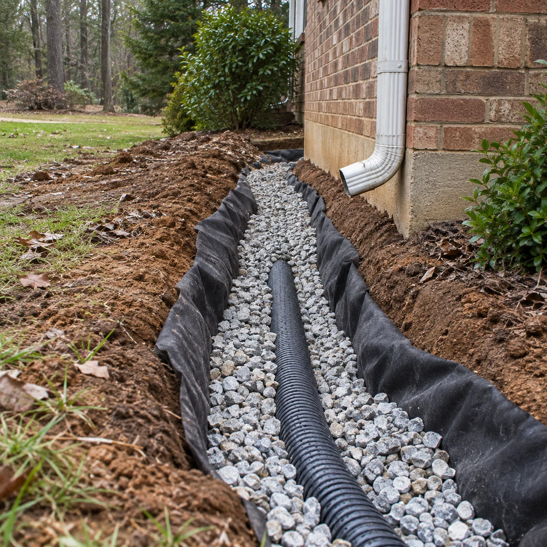 A practical residential drainage detail with realistic gravel, filter fabric, modest drain pipe and natural soil