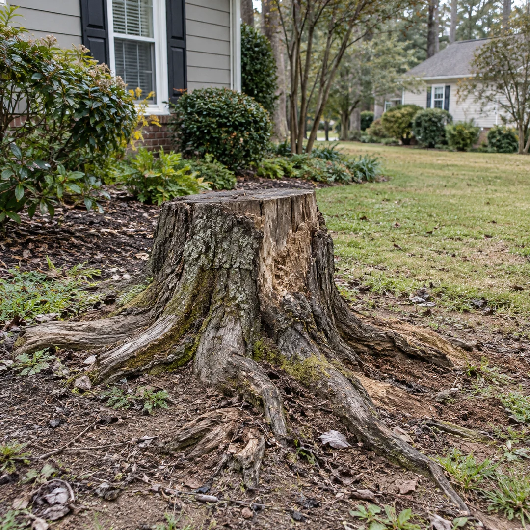 Weathered old stump with exposed natural roots beside a modest residential garden
