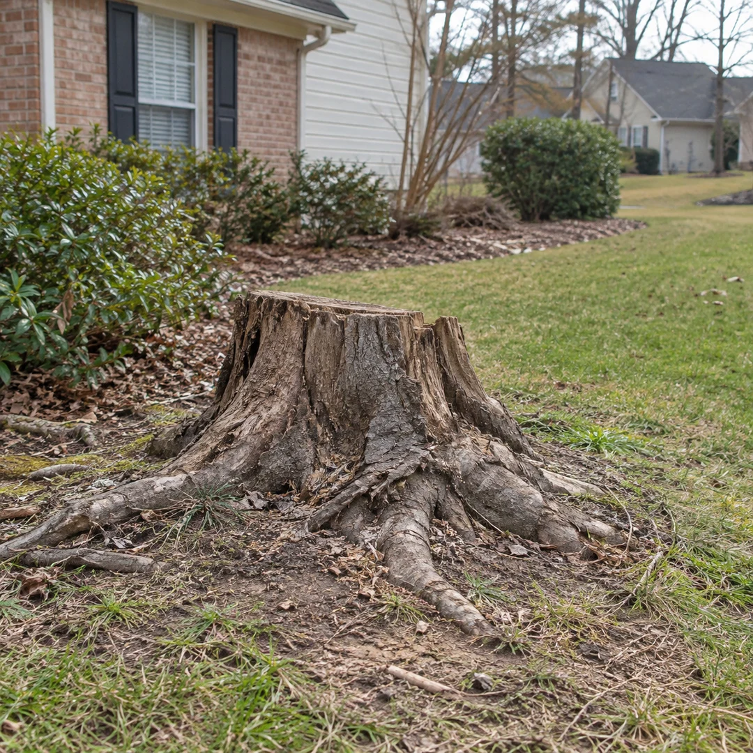Weathered old stump with exposed natural roots beside a modest residential garden