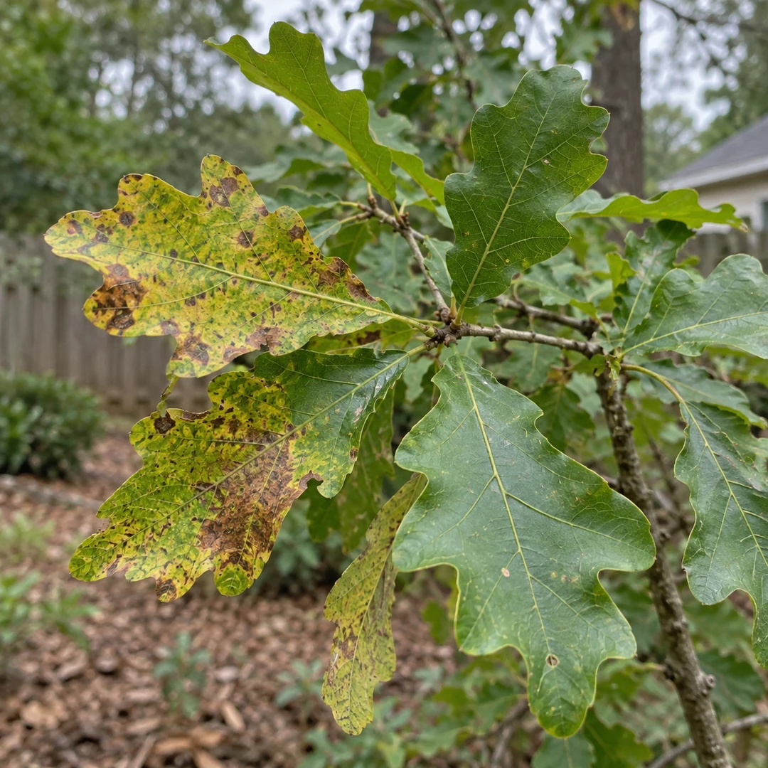 Mottled leaves on a natural oak branch