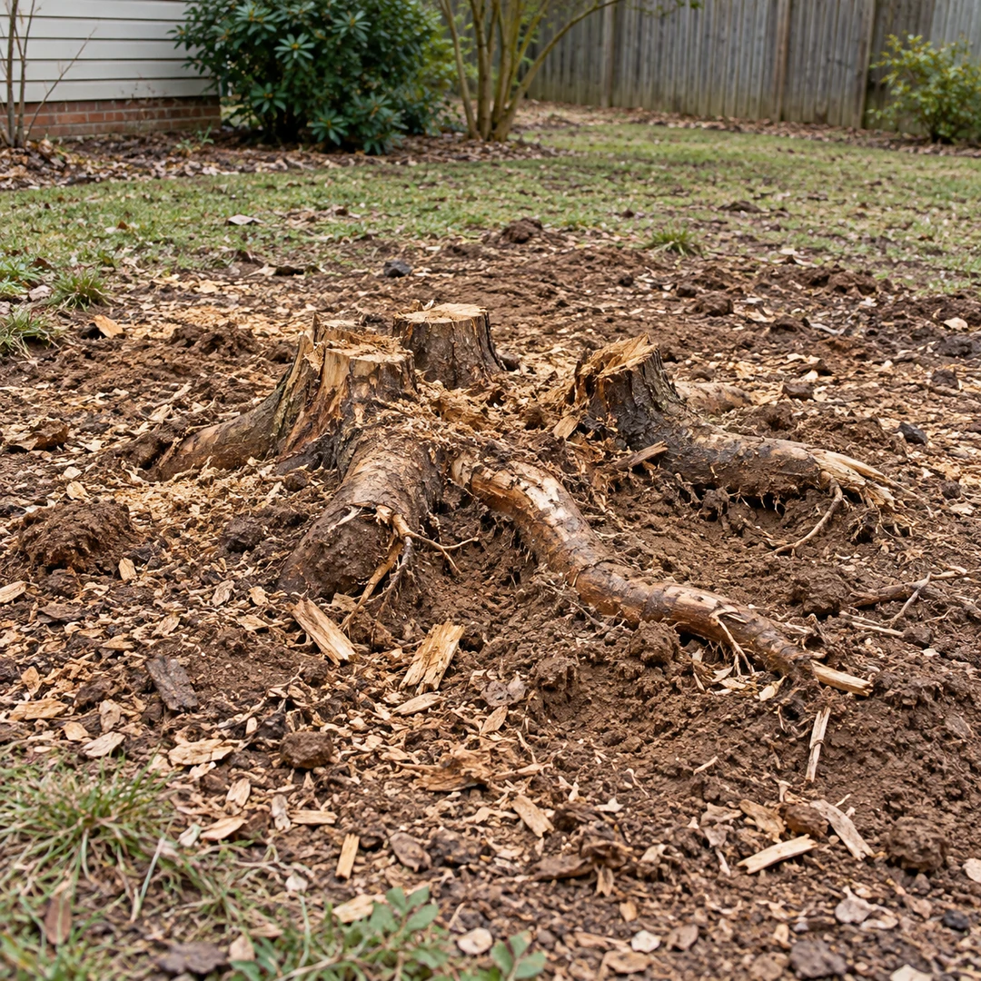 Remaining stump and root sections before grinding