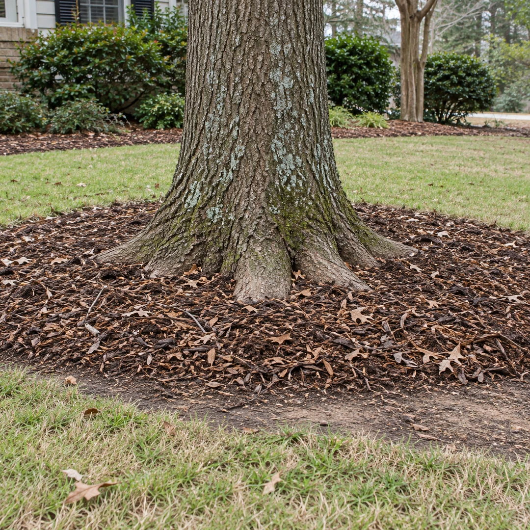 Mulch and exposed root flare around a shade tree