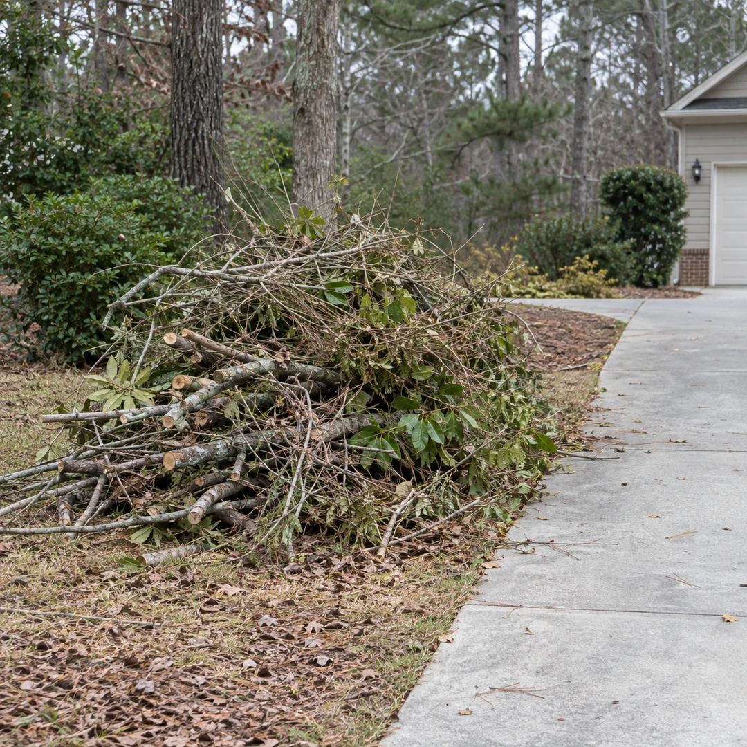 Cut brush beside a residential driveway