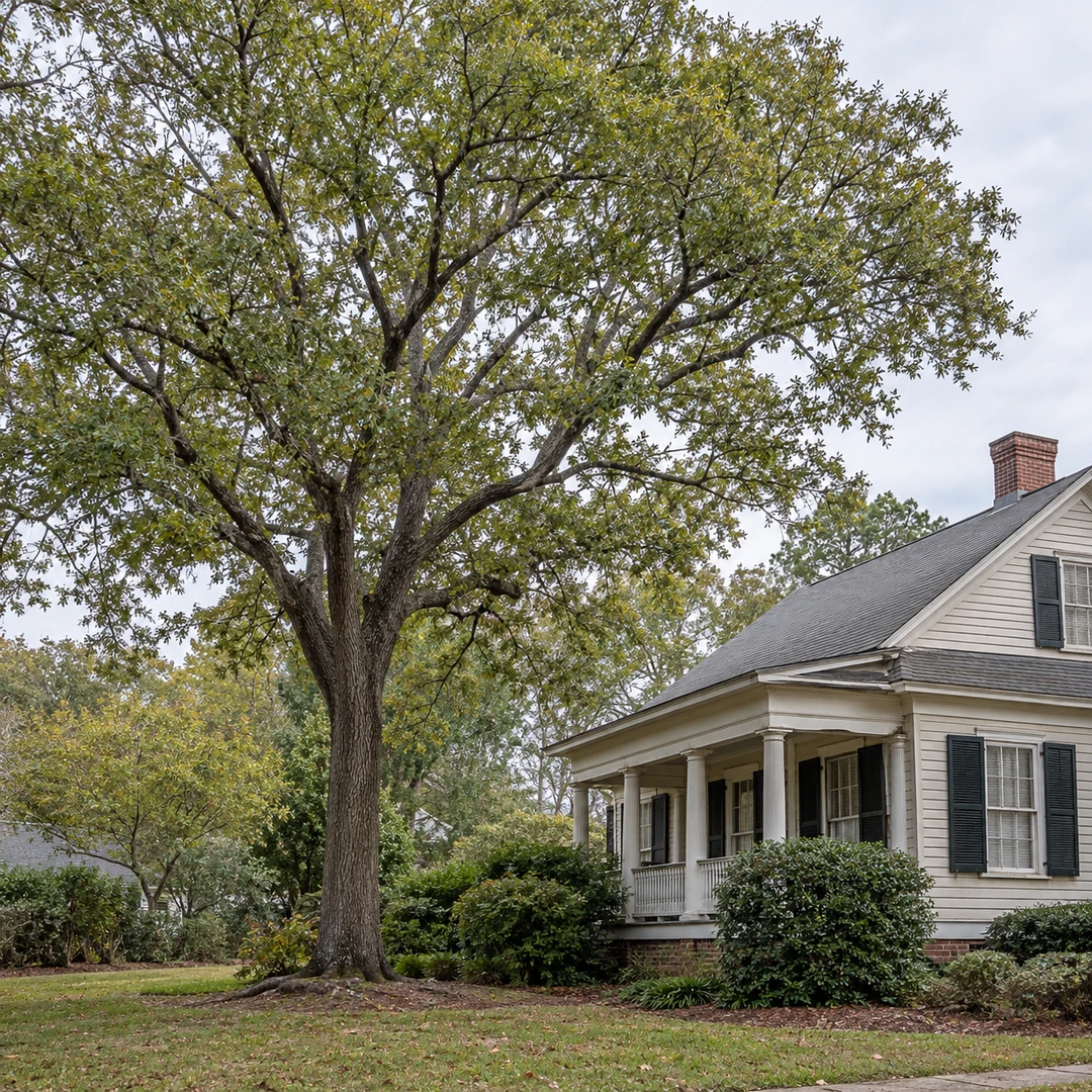 Residential shade tree with visible roof clearance