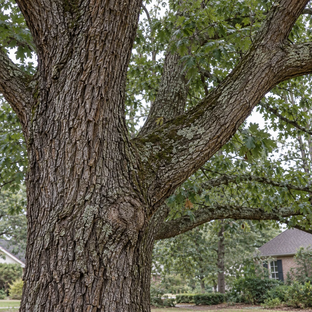 Natural bark and branches of an established oak