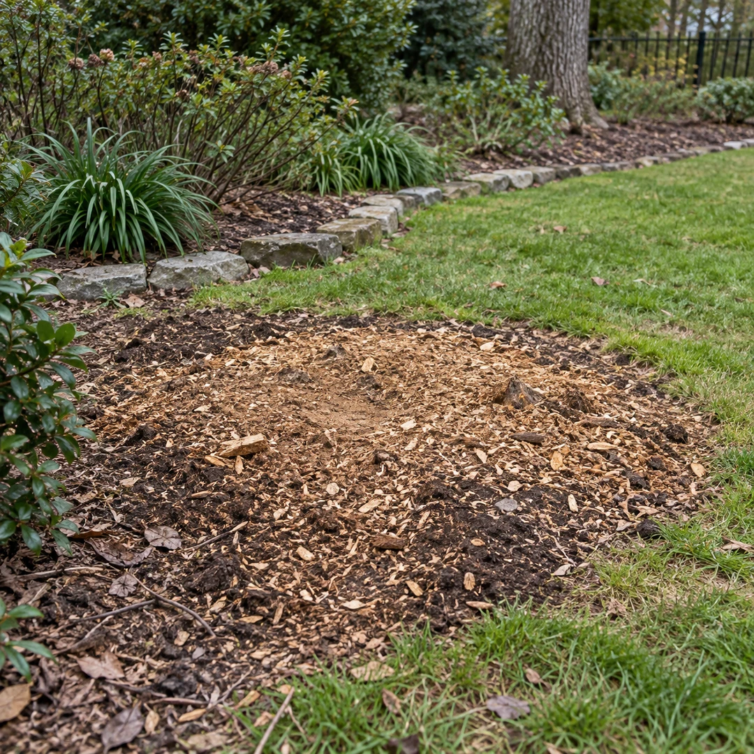 Wood chips and soil in a former stump area