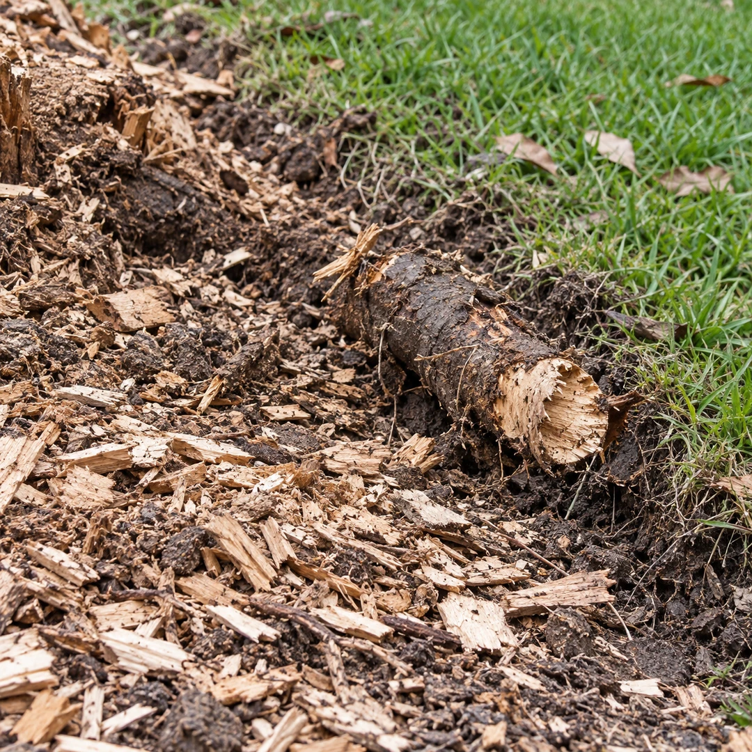 Severed woody root among fresh wood chips