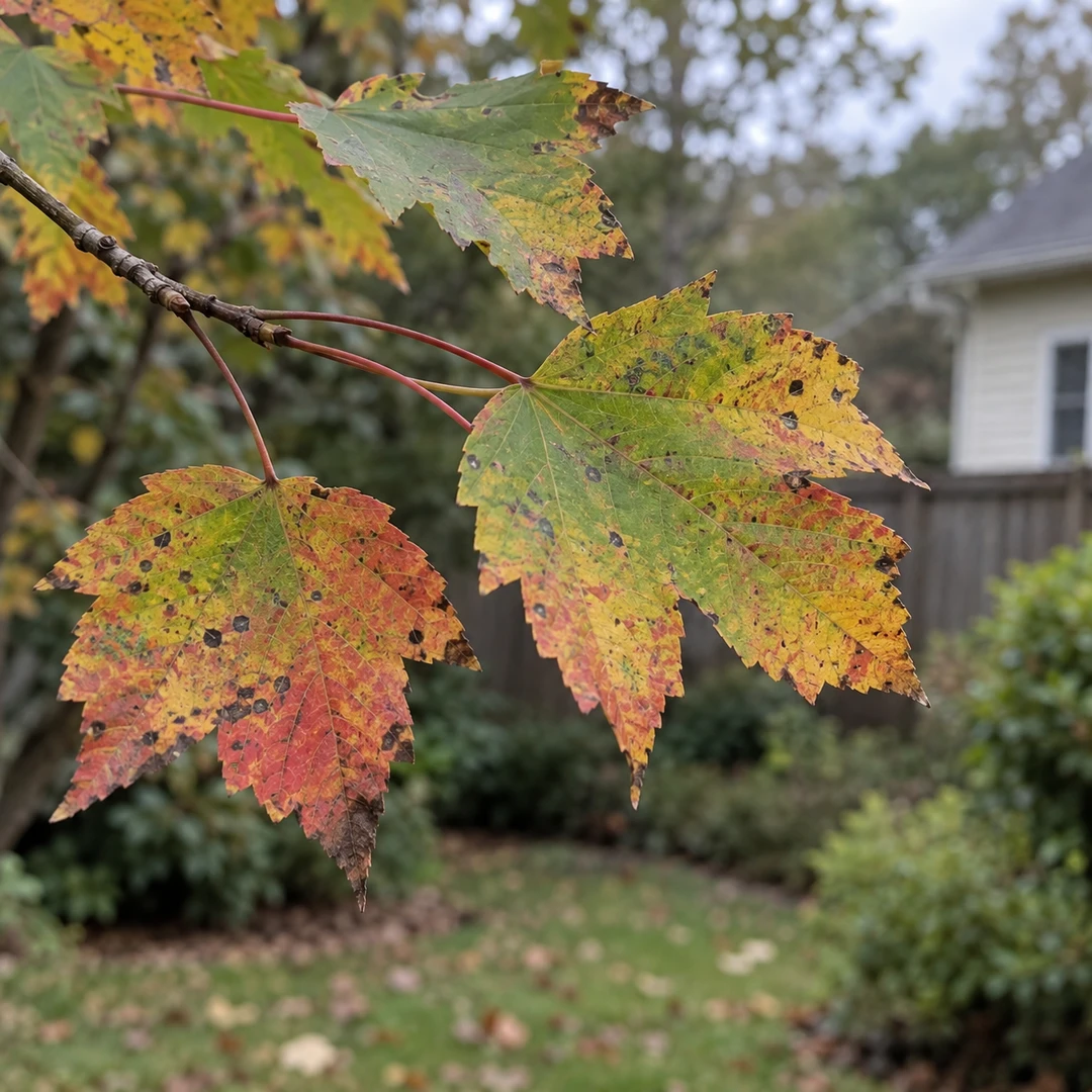 Spotted maple leaves on a residential tree