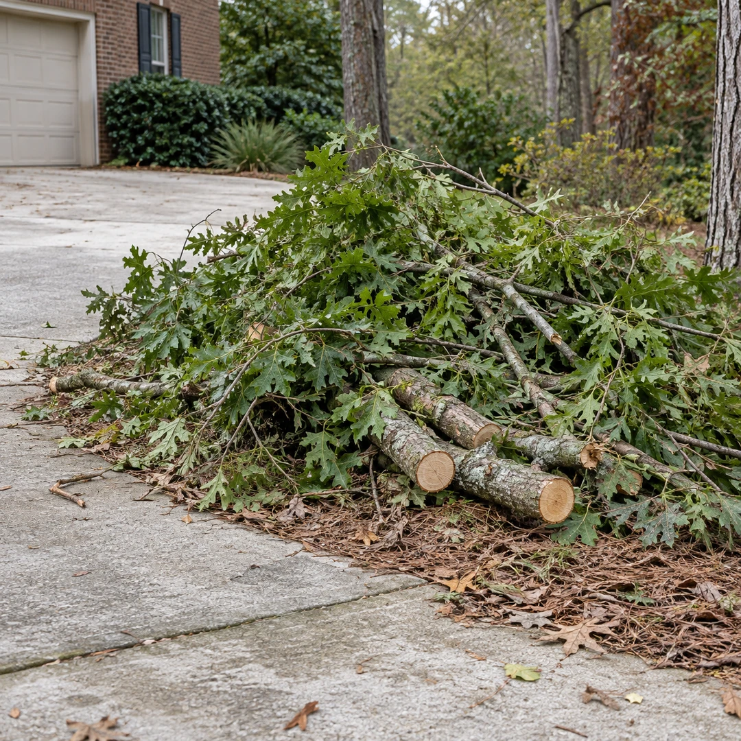 Leafy branches grouped for debris hauling