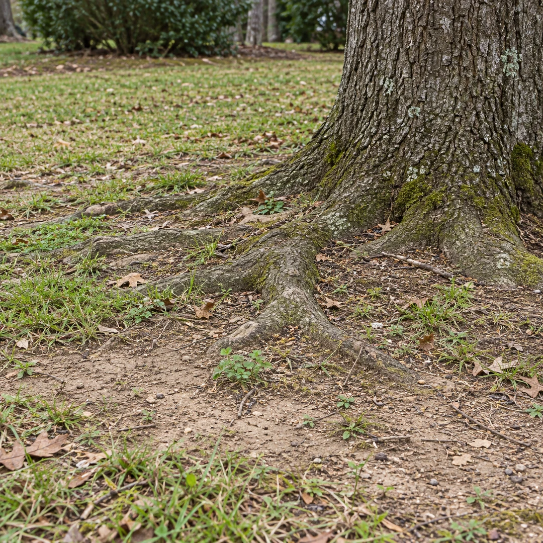 Compacted soil and sparse grass near a tree