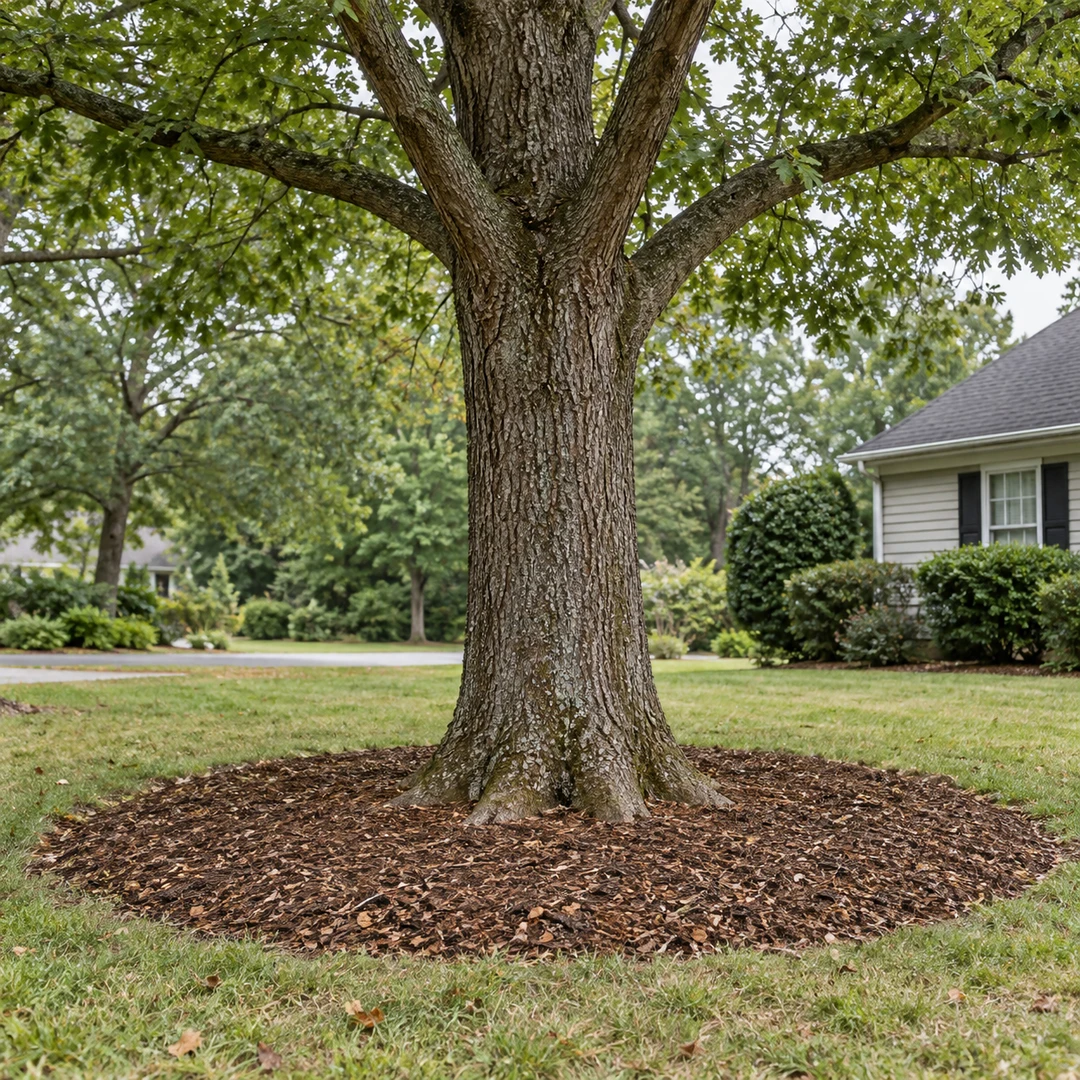 Wide mulch ring around an established shade tree