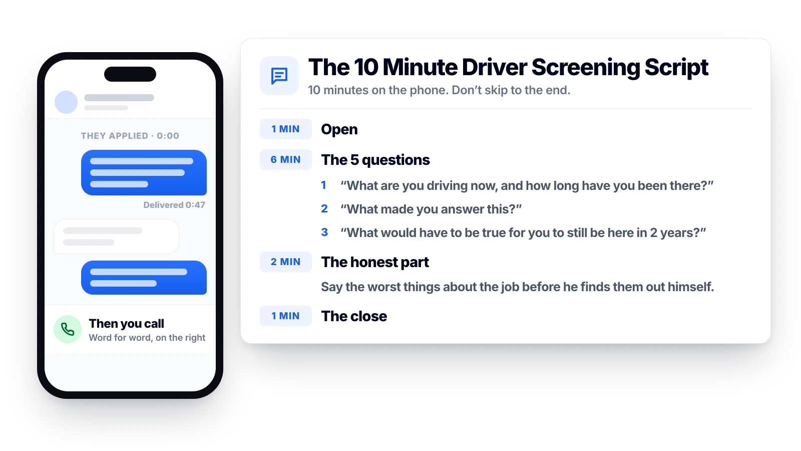 The 10 minute driver screening script beside a text thread with a driver