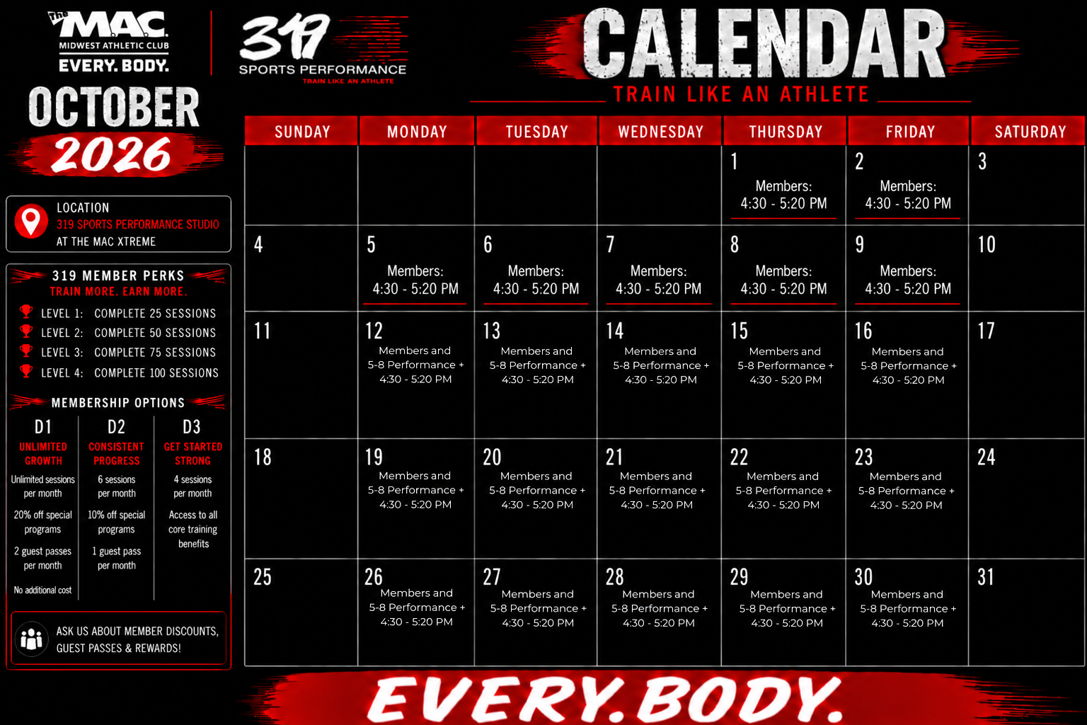 September 2026 319 Sports Performance Calendar - Back to School Back to Strong