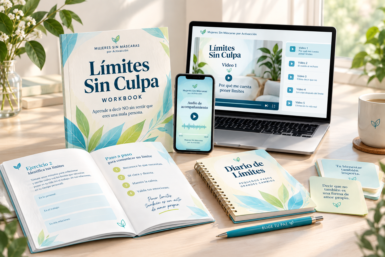 Mockup completo: workbook + móvil con audios + pantalla con videos