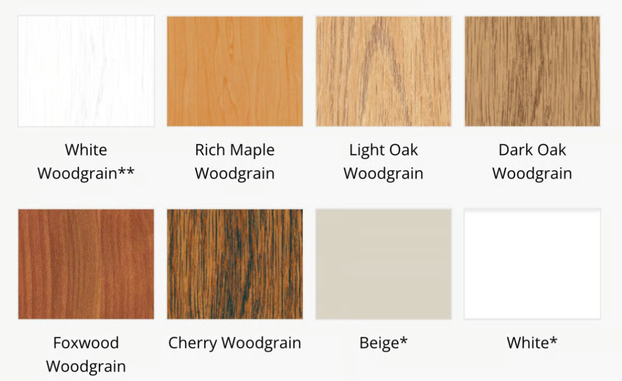 Interior woodgrain and solid color palette options for vinyl windows