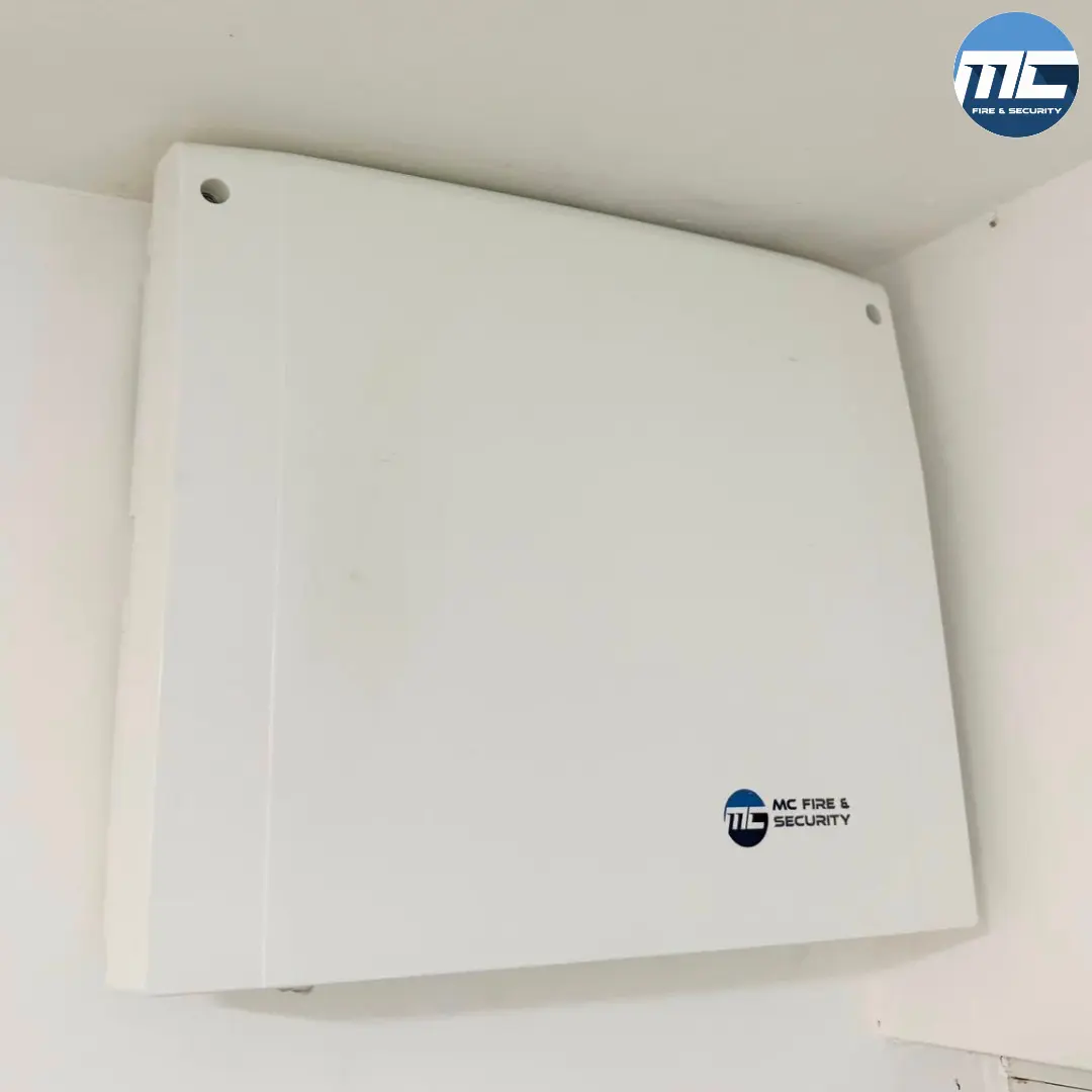 MC Fire & Security branded fire alarm cabinet at children's nursery