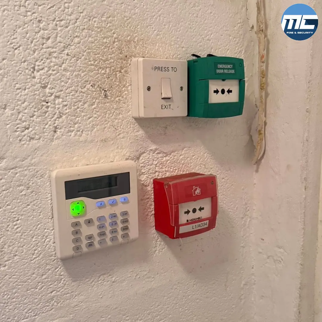 Press-to-exit button, intruder keypad, and manual call point — combined system service