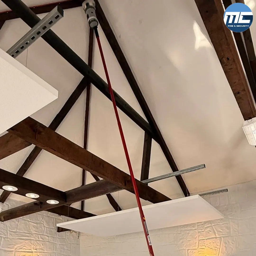 Testing a roof-apex fire detector with extension pole — MC Fire & Security