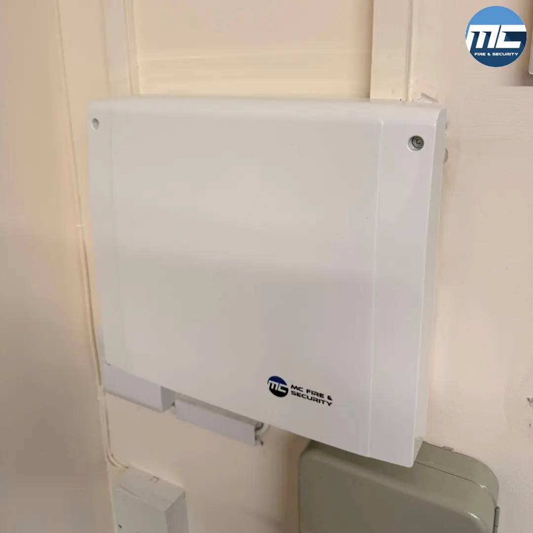 MC Fire & Security branded intruder alarm panel cabinet