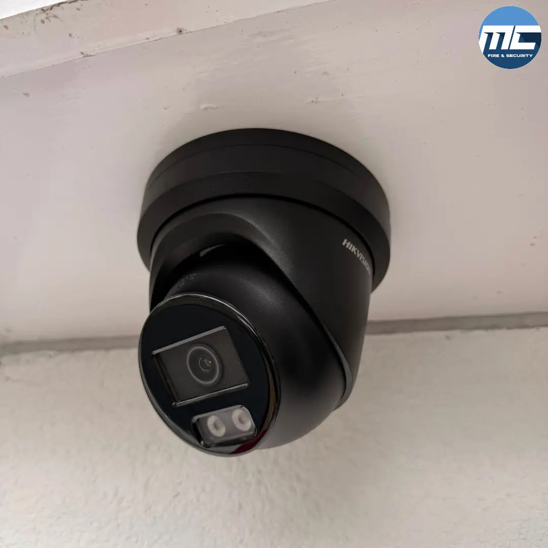 Hikvision turret CCTV camera mounted under eave