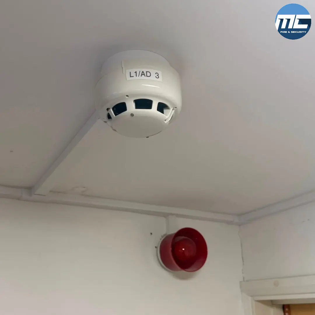 Ceiling-mounted fire detector and red sounder — full system service