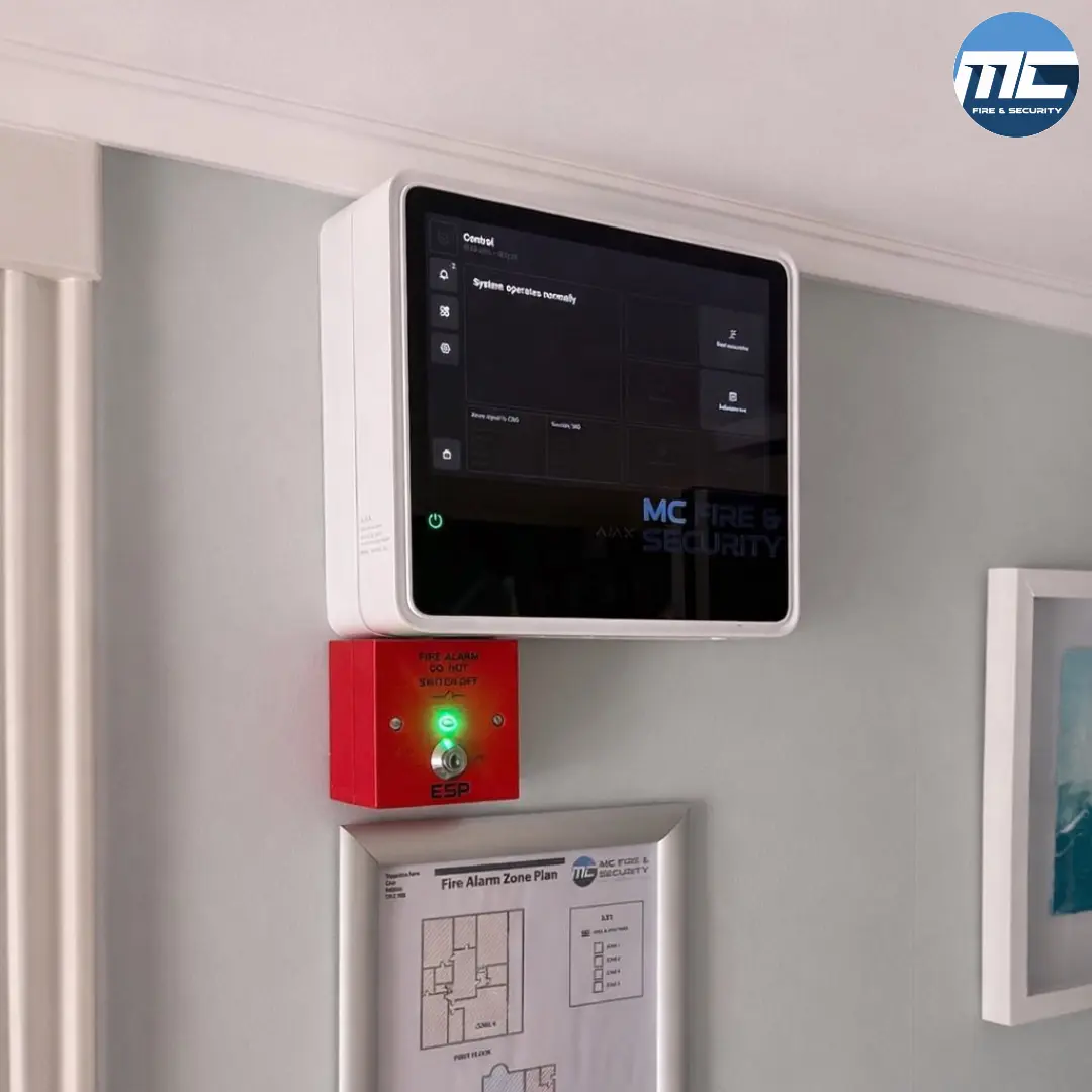Fire alarm keypad, manual call point, and zone plan — MC Fire & Security install