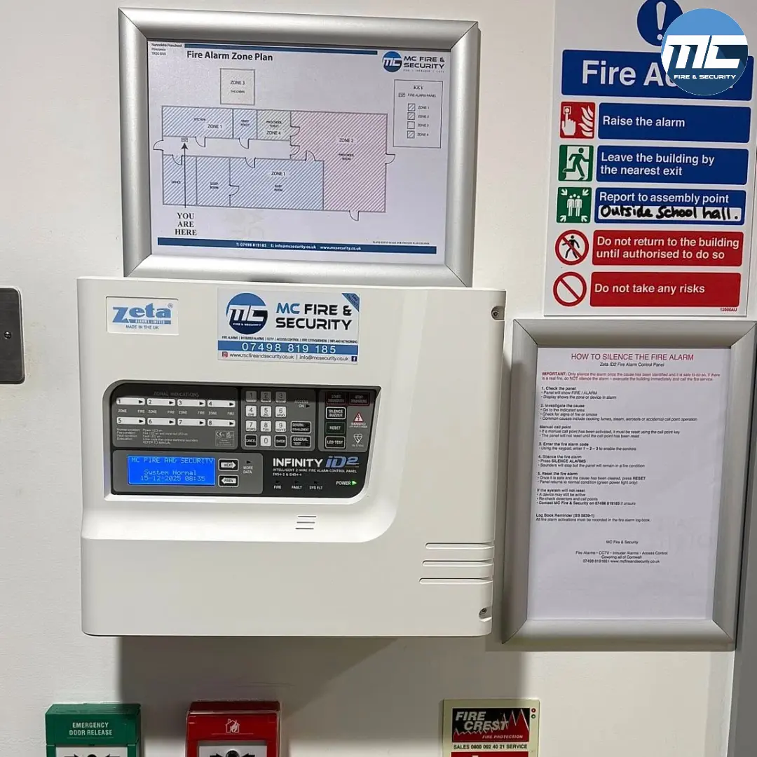 MC Fire & Security branded Zeta fire alarm panel at a Cornwall children's nursery