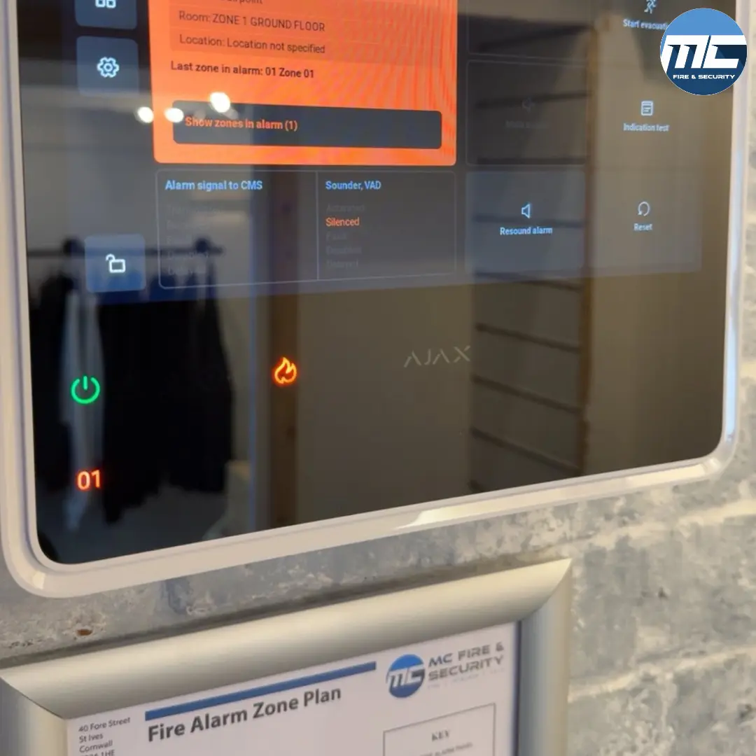 Ajax tablet showing real-time fire alarm signal — MC Fire & Security