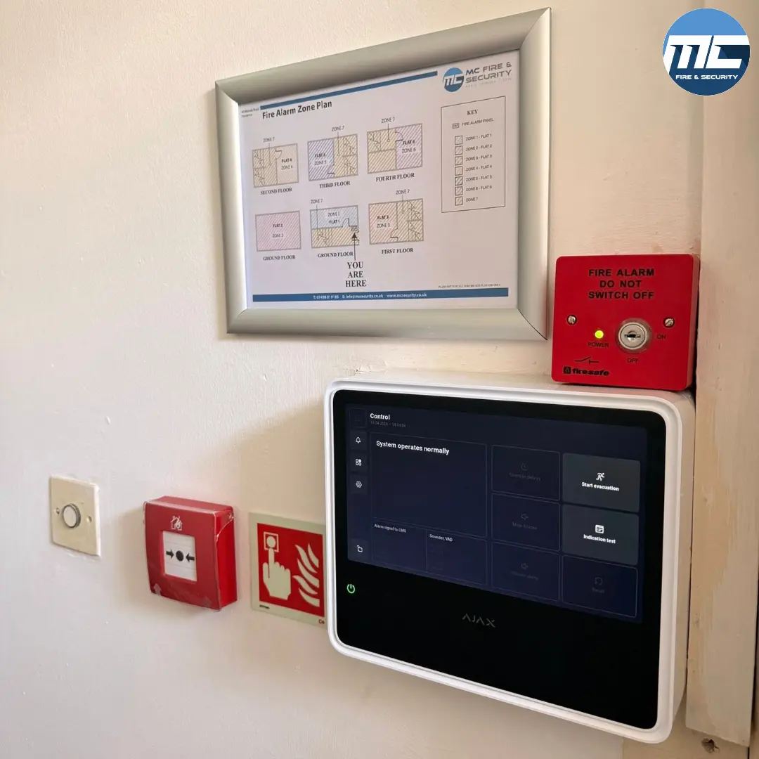 Fire alarm zone plan and Ajax keypad at a Cornwall fire alarm install