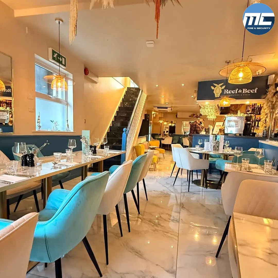 Reef & Beef restaurant dining interior — fire alarm installed by MC Fire & Security