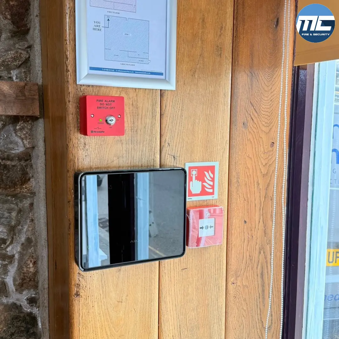 Ajax tablet, manual call point, and zone plan — Marazion fire alarm install