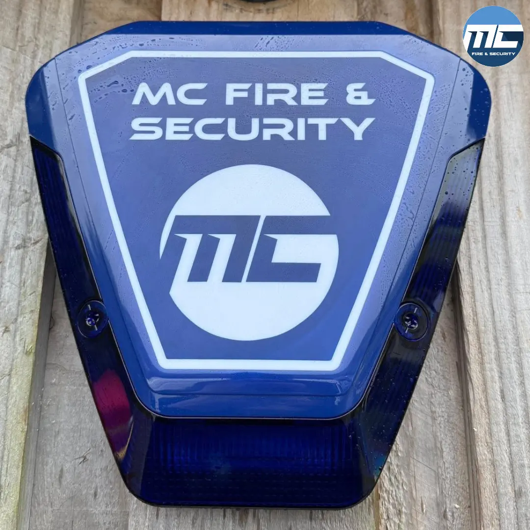 MC Fire & Security branded blue external sounder bell box