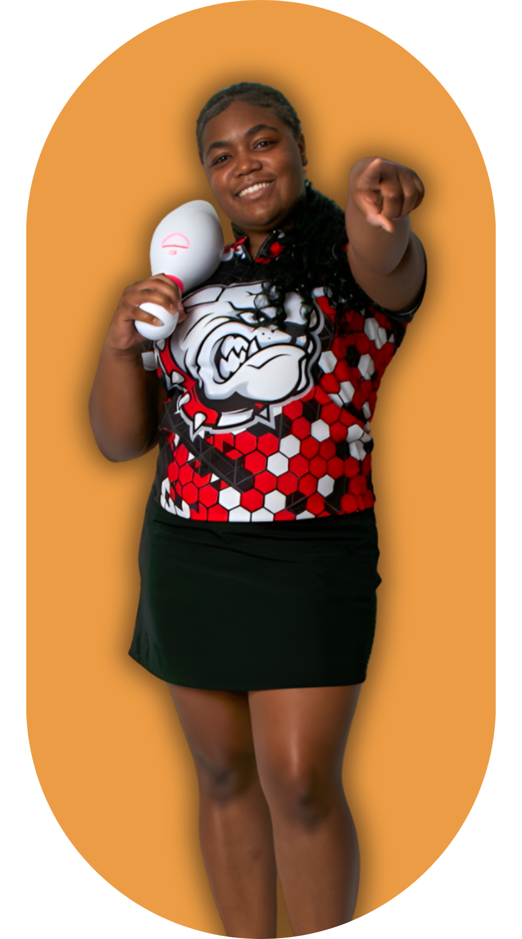Athlete pointing with bowling pin