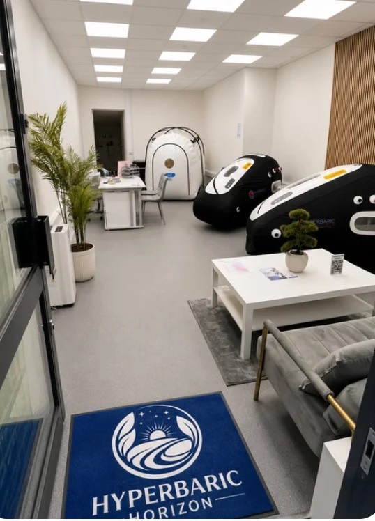 Looking in from the front door of Hyperbaric Horizon at the chambers and seating area