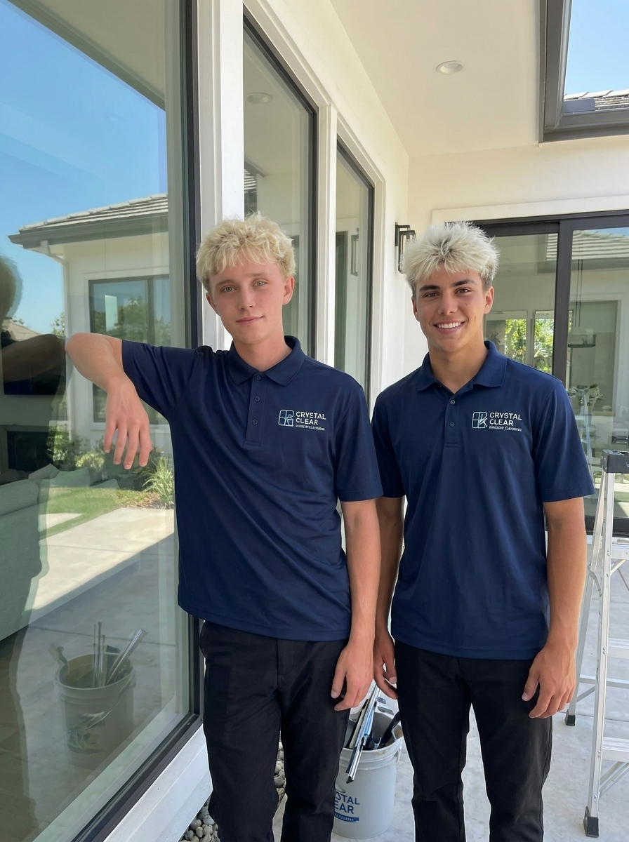 Austyn Thomas and Logan Adams, Crimson Cliffs juniors, in branded polos with professional window-cleaning tools.
