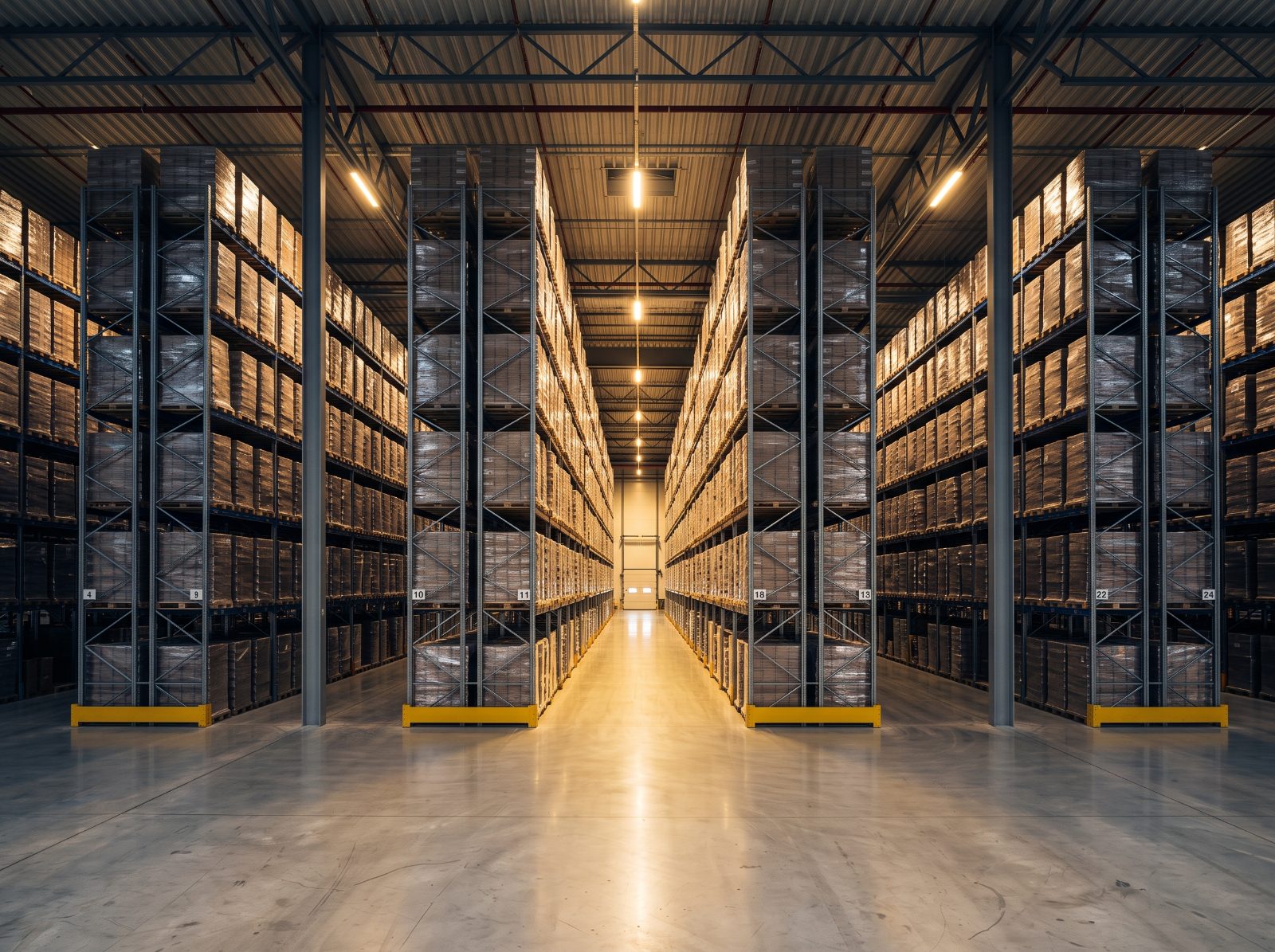 A high-bay warehouse with organised pallet racking