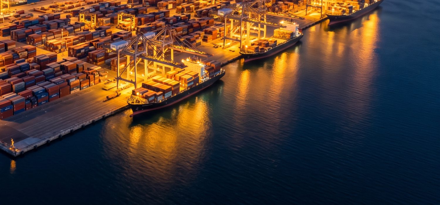 Containers and cranes at a Red Sea port at night
