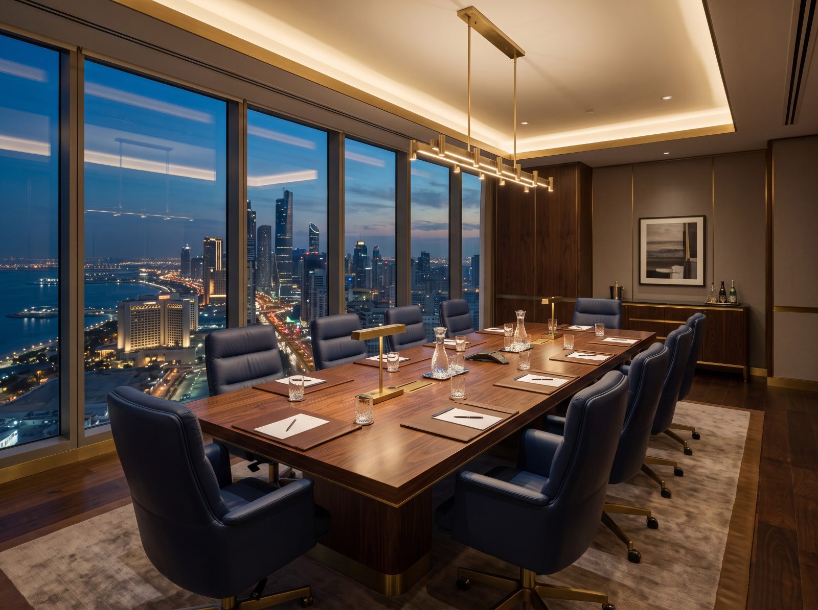 An executive boardroom overlooking a Gulf city at dusk