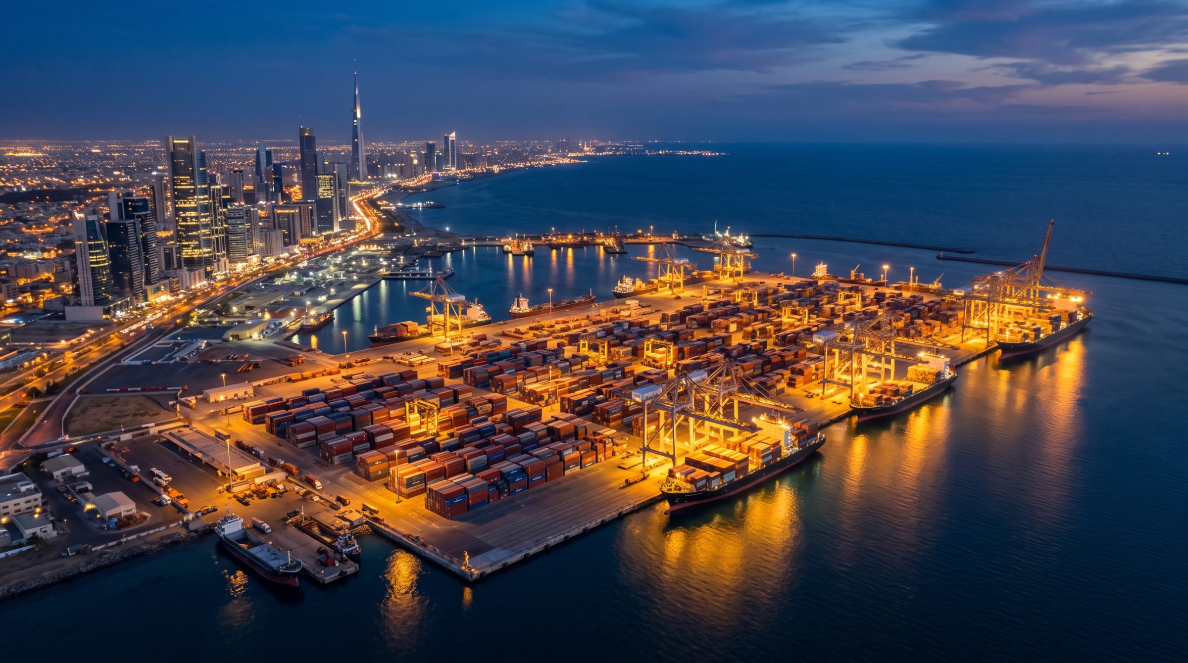 A Red Sea port and city skyline at twilight