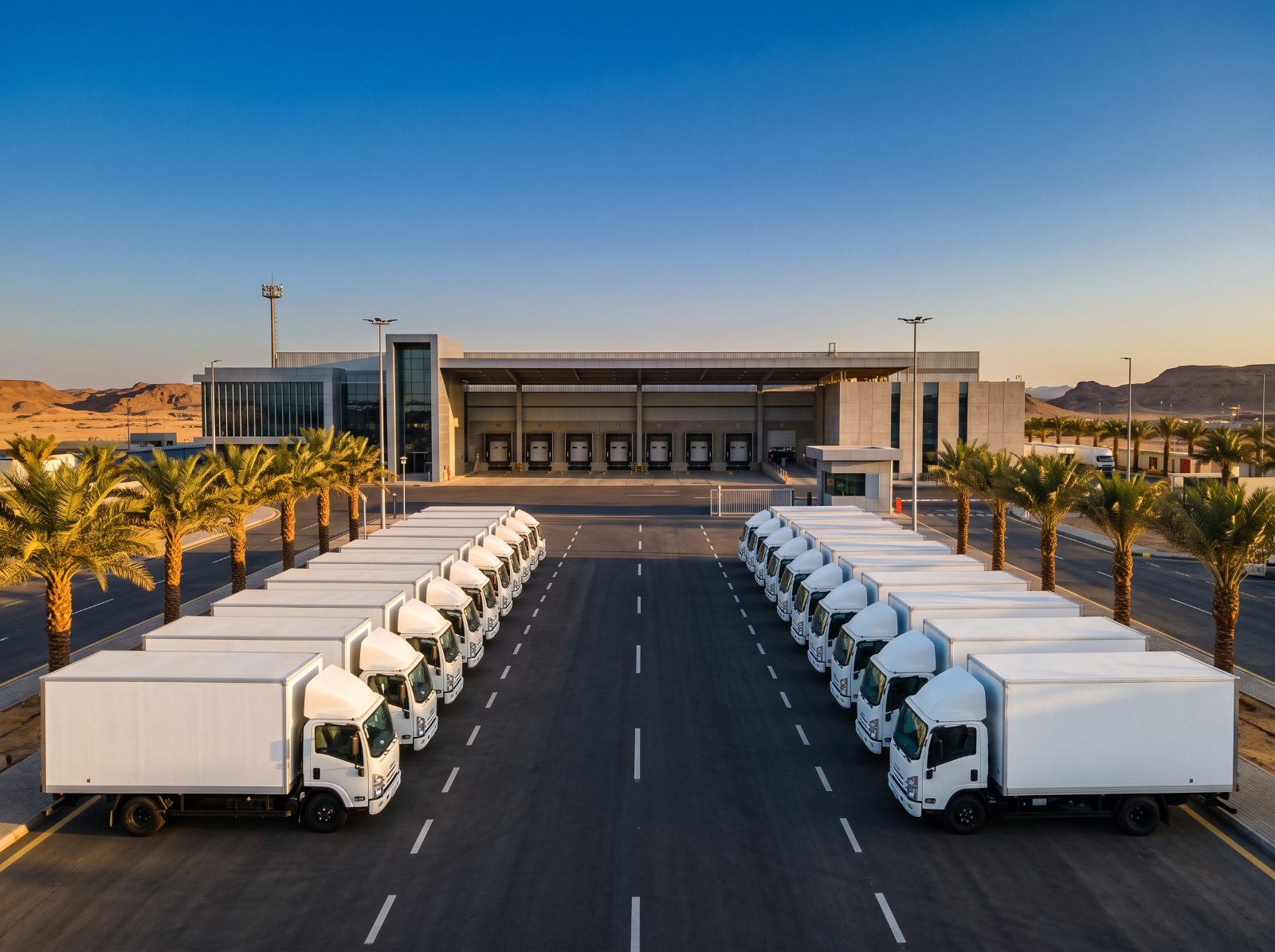 A fleet of white delivery trucks at a Saudi logistics depot