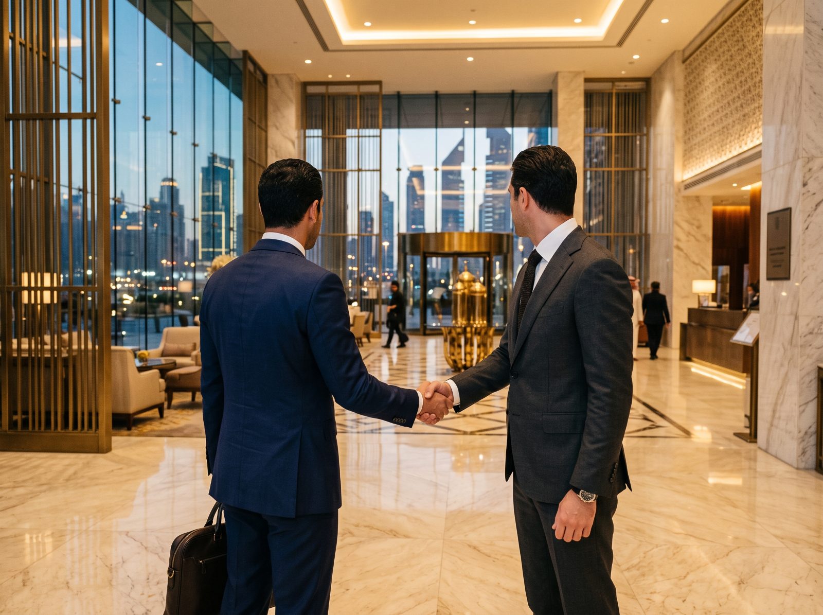 Two executives shaking hands in a marble lobby