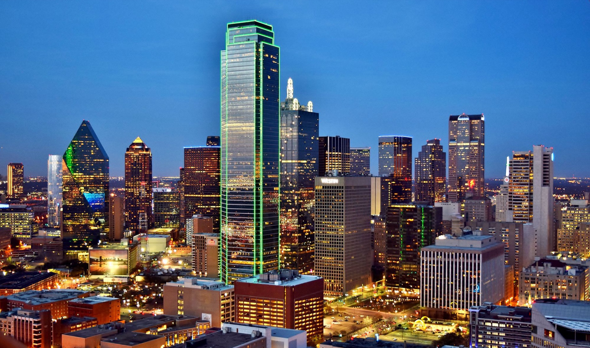 The downtown Dallas skyline at blue hour
