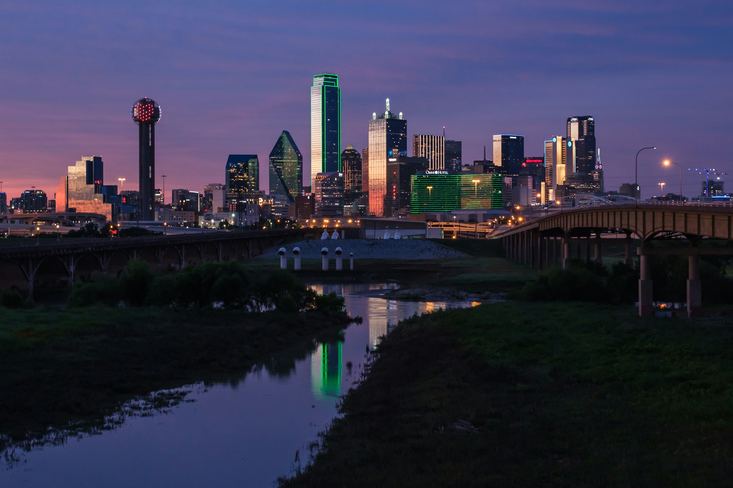 Downtown Dallas skyline at dusk