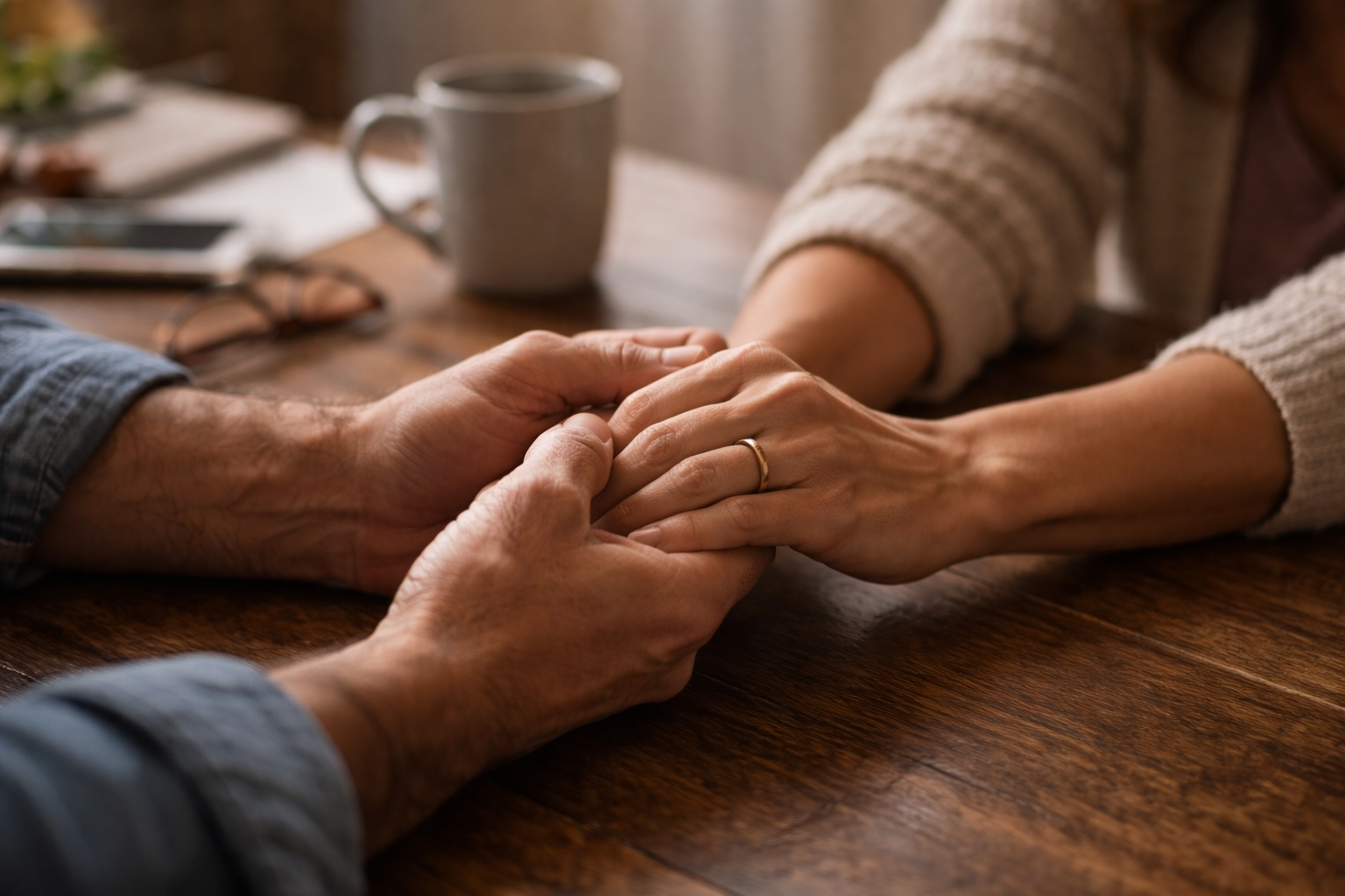 Two people holding hands across a table — the kind of steady human support Andy provides