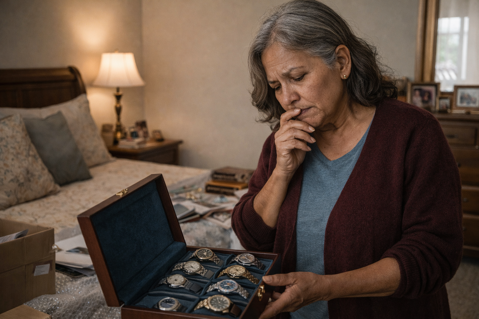 A woman overwhelmed going through a loved one's belongings