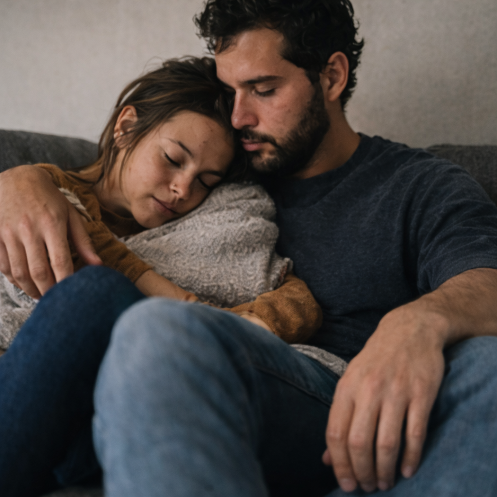 A couple finding comfort together during a difficult time