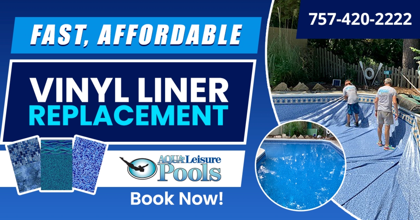 Swimming pool with a rock waterfall feature showcasing a vinyl liner replacement promotion starting at $3,495 with a free upgrade.
