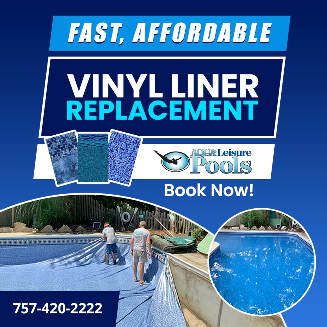 Swimming pool with a rock waterfall feature showcasing a vinyl liner replacement promotion starting at $3,495 with a free upgrade.