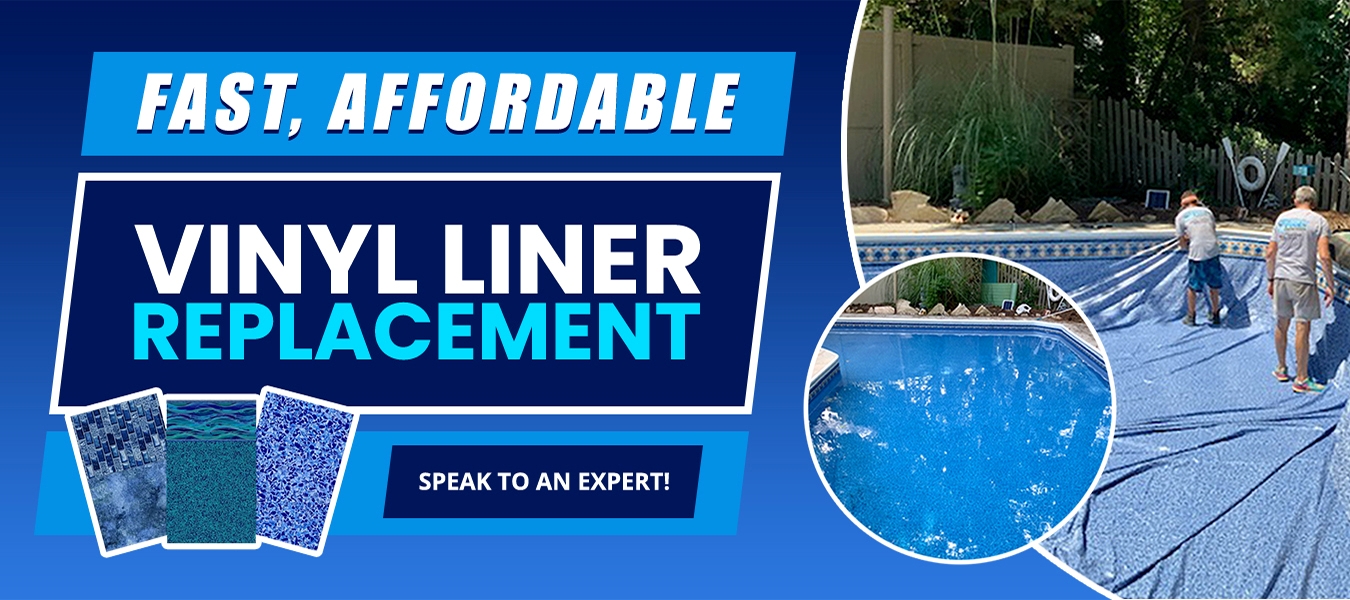 Swimming pool with a rock waterfall feature showcasing a vinyl liner replacement promotion starting at $3,495 with a free upgrade.